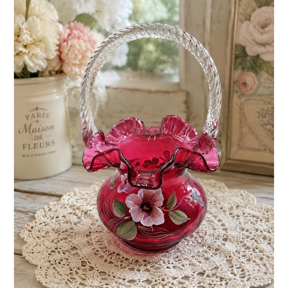 Vintage Fenton Hand Painted Signed Caplinger Cranberry Basket Vase